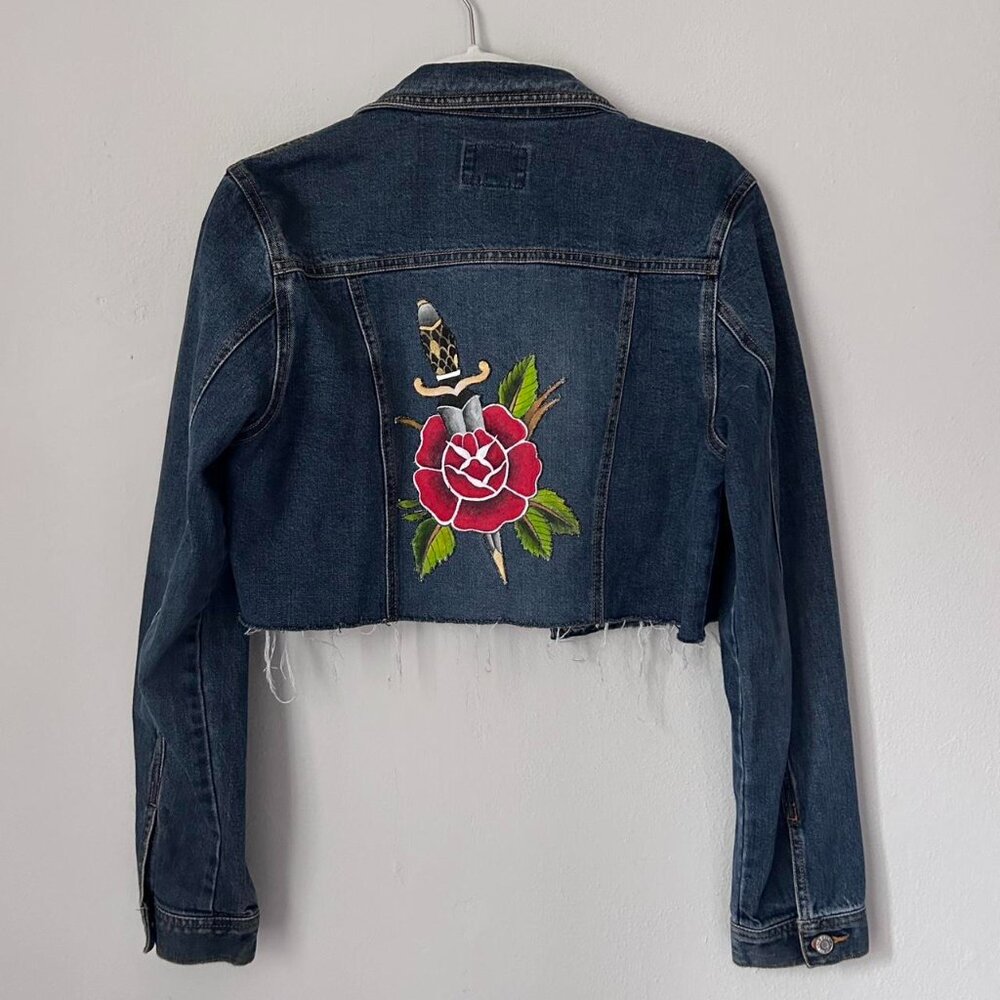 Hand sewn, hand painted patch on cropped denim jacket